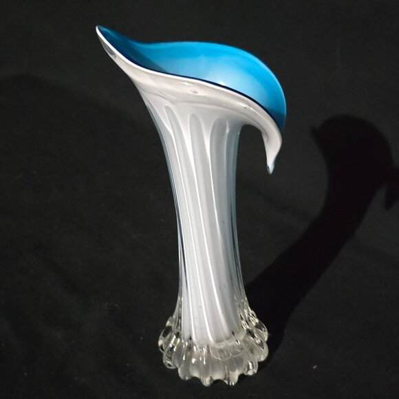 Vtg Hand Blown Art Glass Jack in the Pulpit Blue White Clear Vase 3 1/2"x7 1/2" - Picture 5 of 7